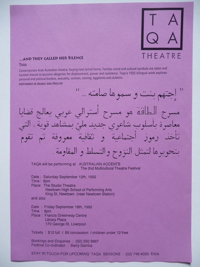 Flier for TAQA Theatre's '... and they called her Silence' in 1992